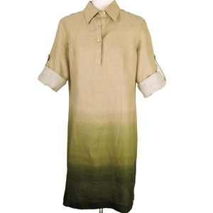 Jones New York Women's MED 100% Linen Tan Shift Dress Green Ombre